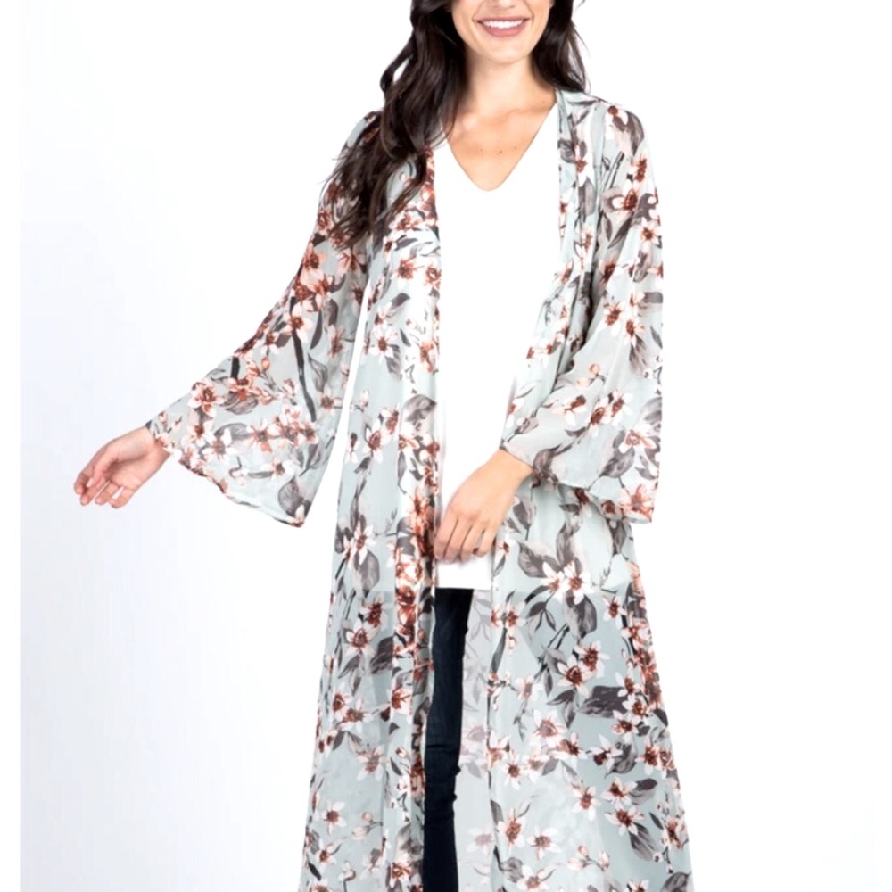 Pink Blush Light Olive Floral Long Kimono